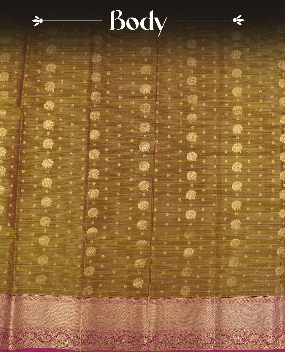 Antique Bronze colour semi soft silk saree featuring a gold colour textured patterned body, complemented by contrast magenta with golden motifes on pallu & border and a matching blouse piece.