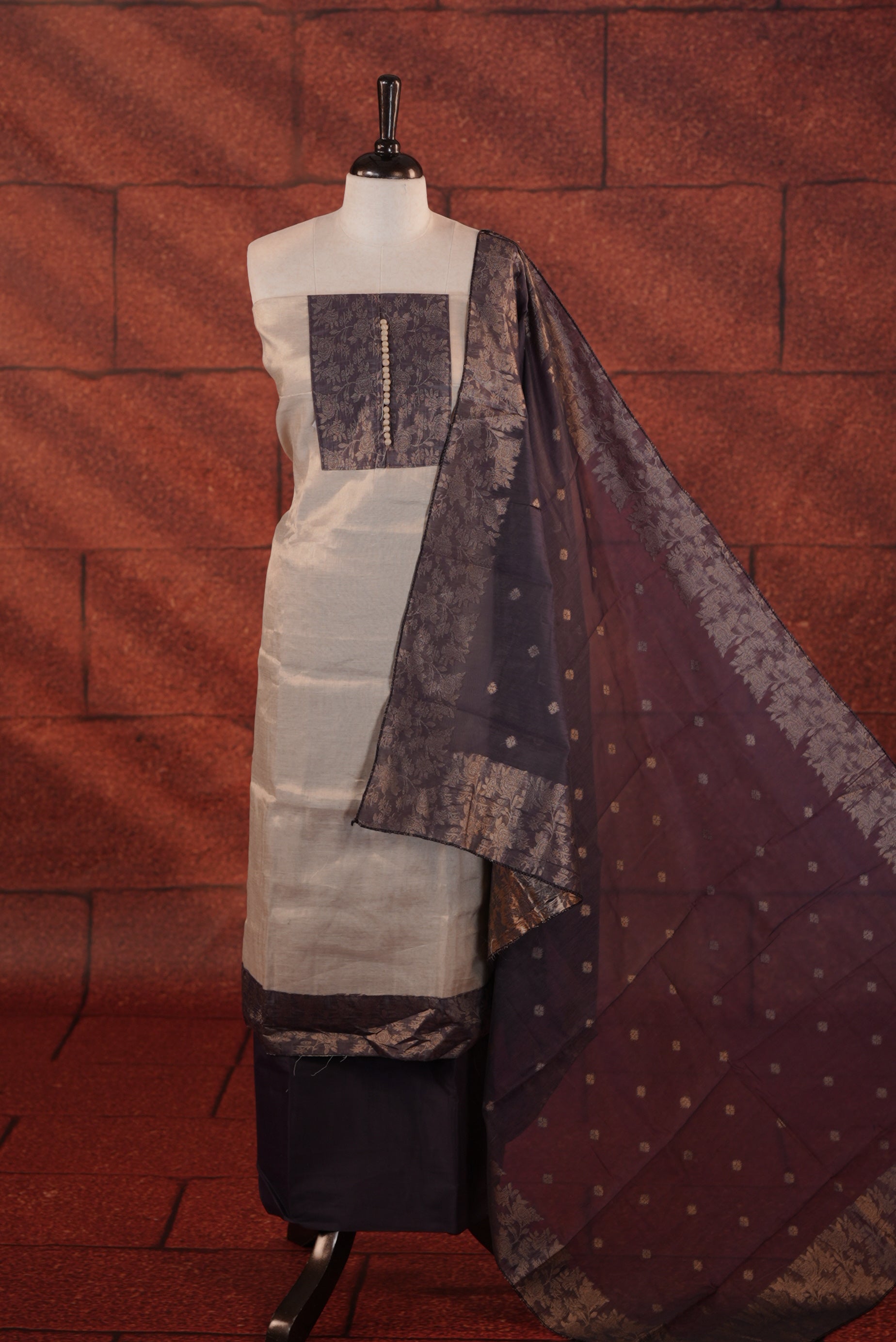 Lavender Colour Soft Tissue Salwar Material Featuring Elegant Beige Work On The Neck, Complemented By A Contrast Bottom And A Semi Banarasi Dupatta