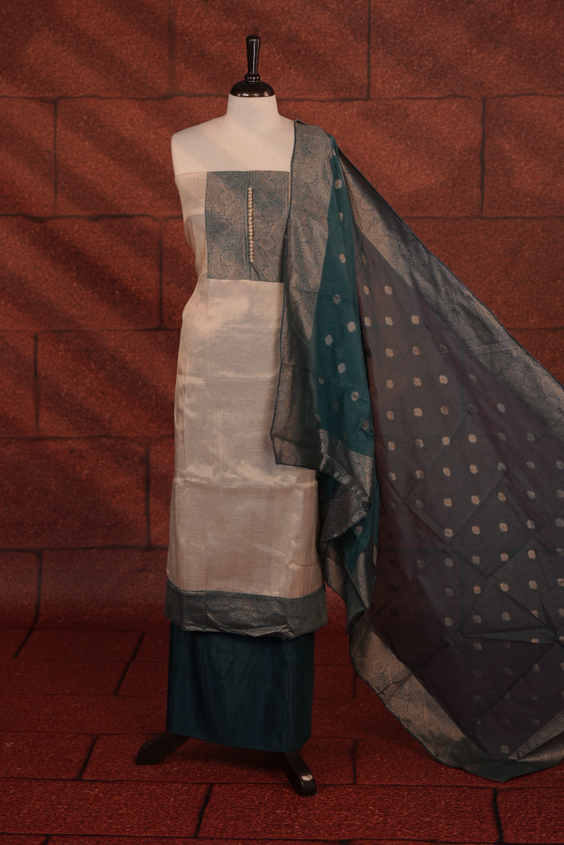 Peacock Blue Colour Soft Tissue Salwar Material Featuring Elegant Beige Work On The Neck, Complemented By A Contrast Bottom And A Semi Banarasi Dupatta