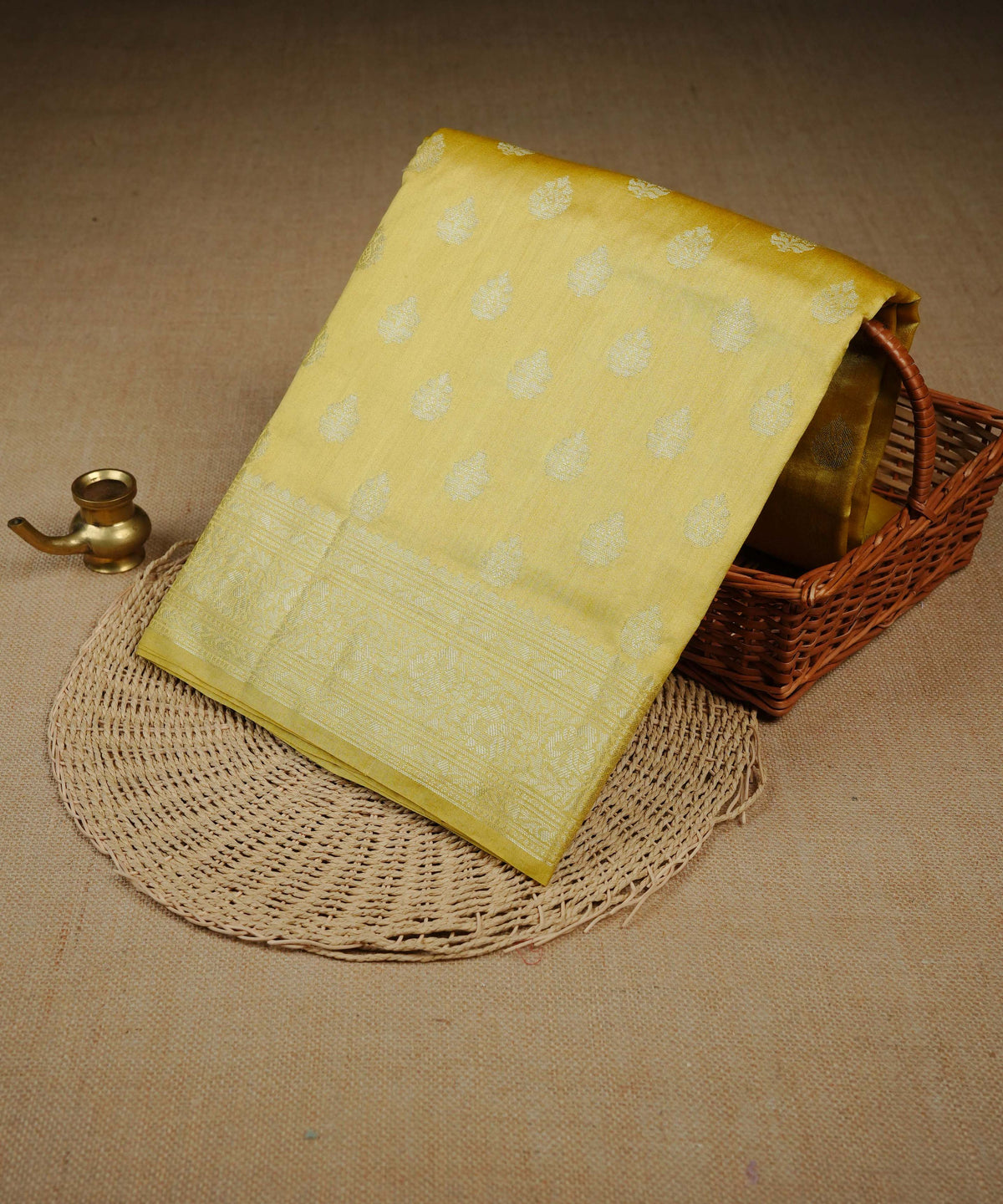 Yellow colour Banarasi soft silk saree