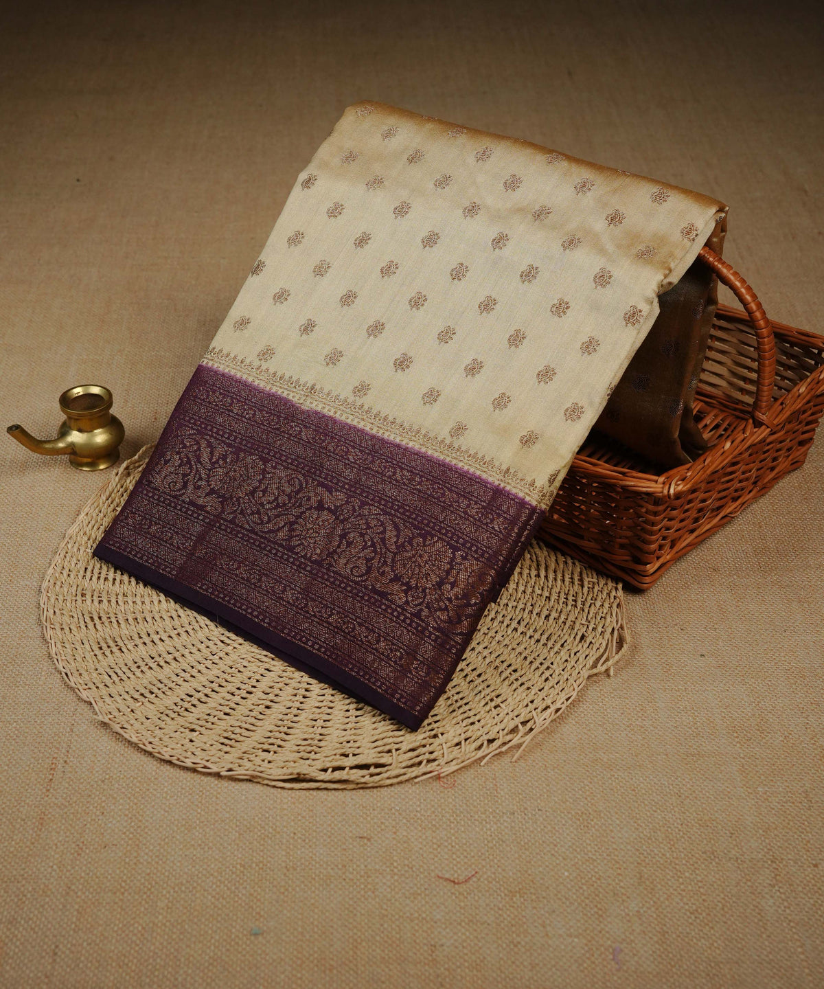 Royal Cream colour Banarasi soft silk saree
