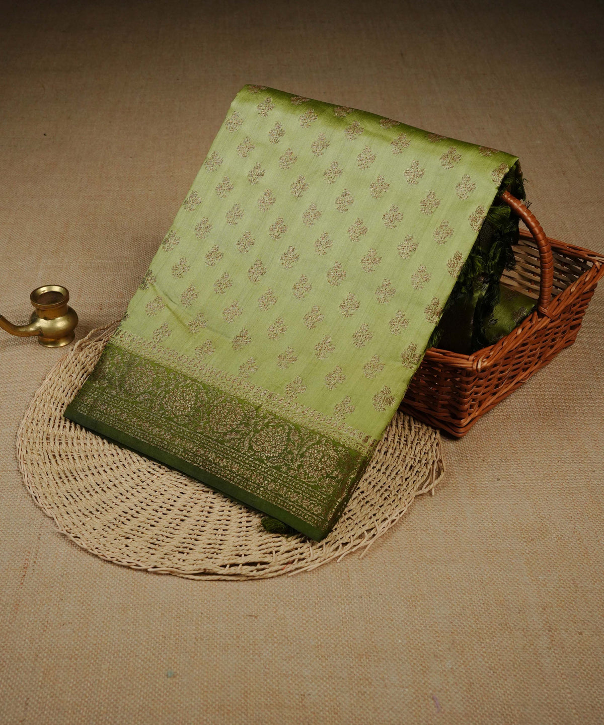 Olive colour Banarasi soft silk saree