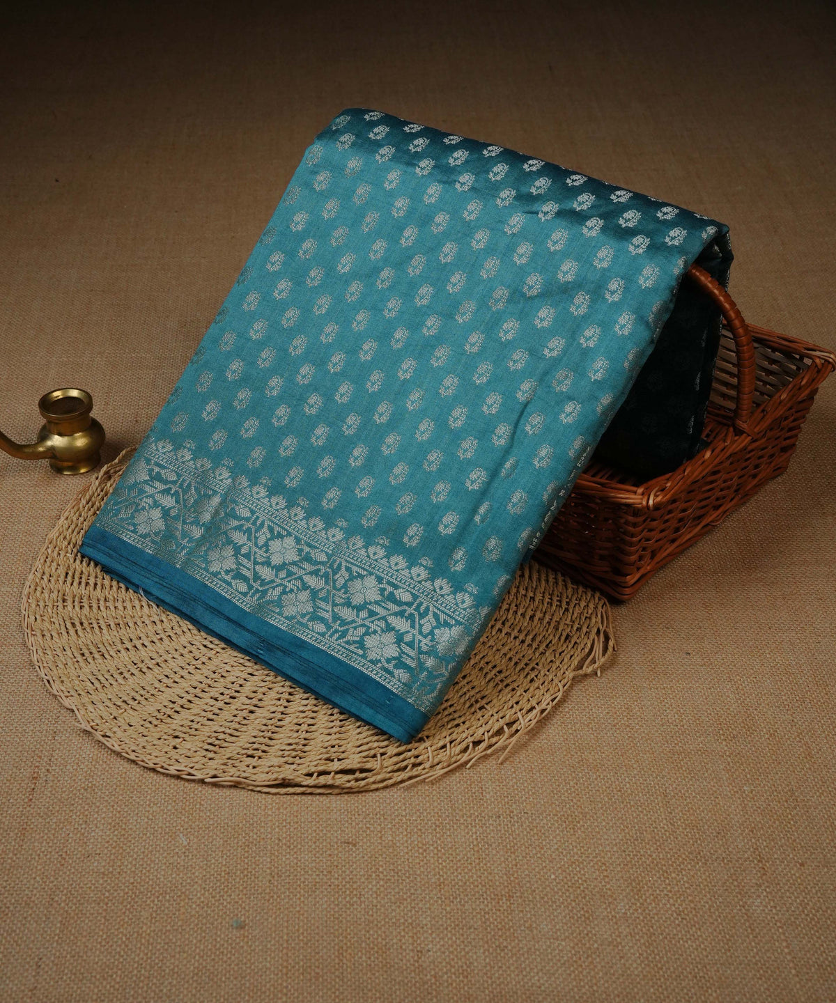 Teal colour Banarasi soft silk saree