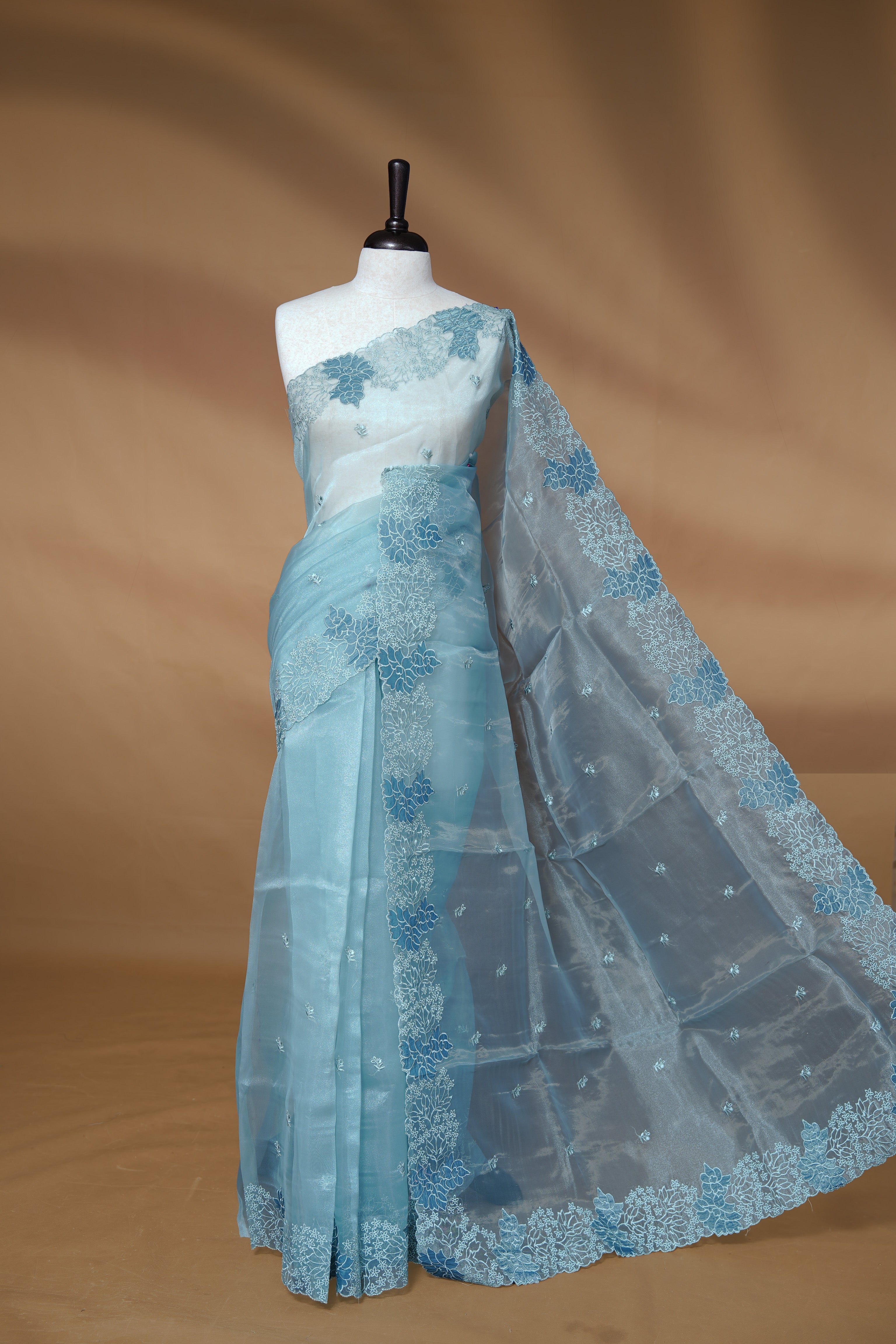 Pastel Blue colour Pure Organza Featuring Self colour Embroidery motifs on body, Enriching floral thread pattern & scalp border, paired with matching blouse piece.