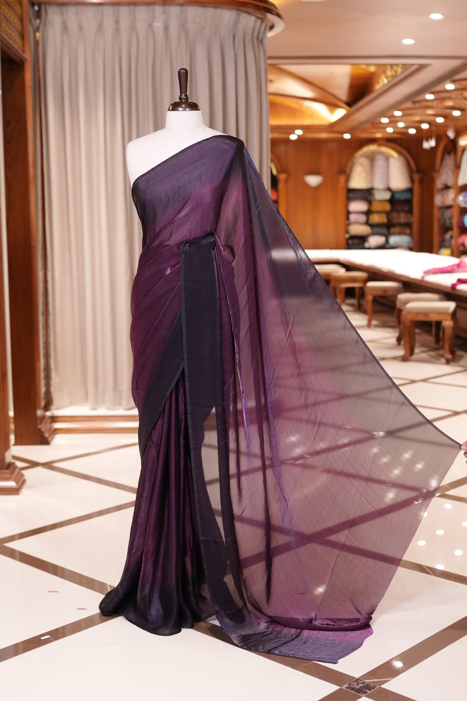 Wine Colour Soft Shine Fendy Chiffon Saree, with plain body with contrast border, without blouse.