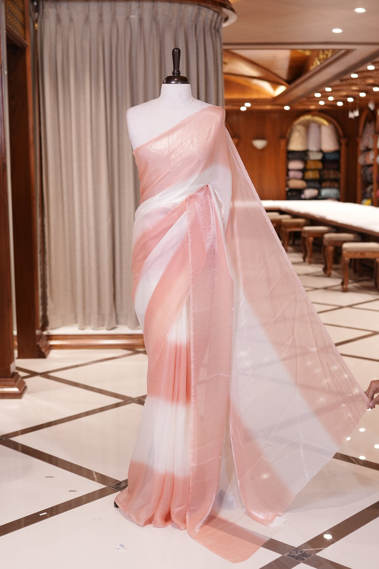 Peach Colour Soft Shine Fendy Chiffon Saree, with plain body with contrast border, without blouse.