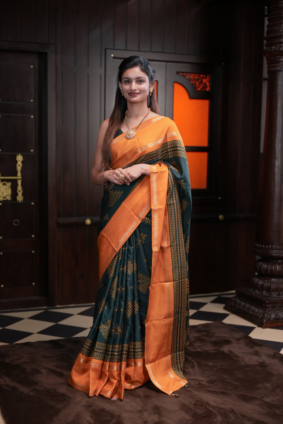Olive Green with Yellow Colour ManiPuri silk saree featuring Kolam Design body, contrast Double Peth Border, contrast Self print blouse.