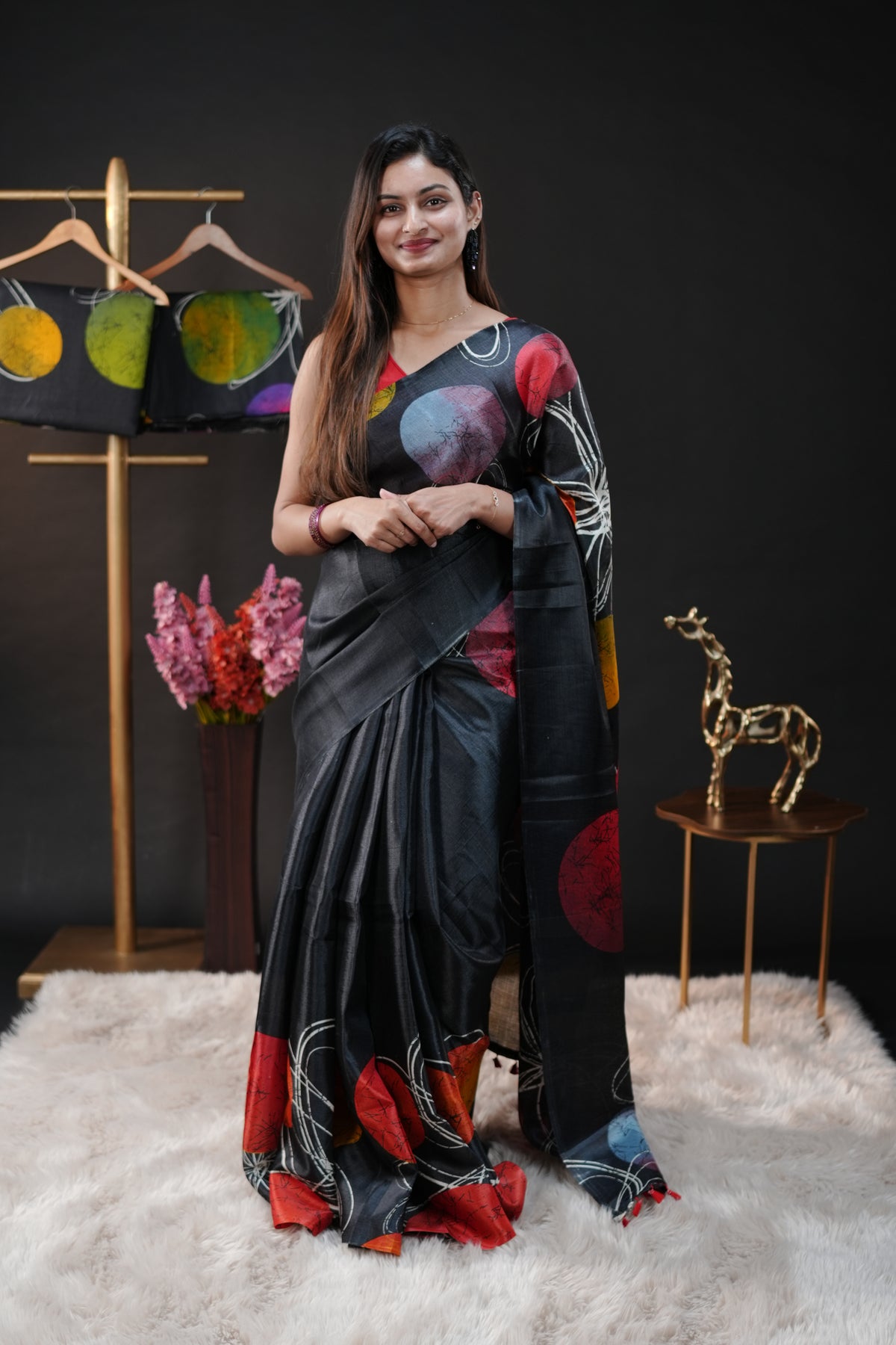 Black with Red Semi Khadi silk saree with Polka Dot design On body & pallu, black with white dot blouse piece.