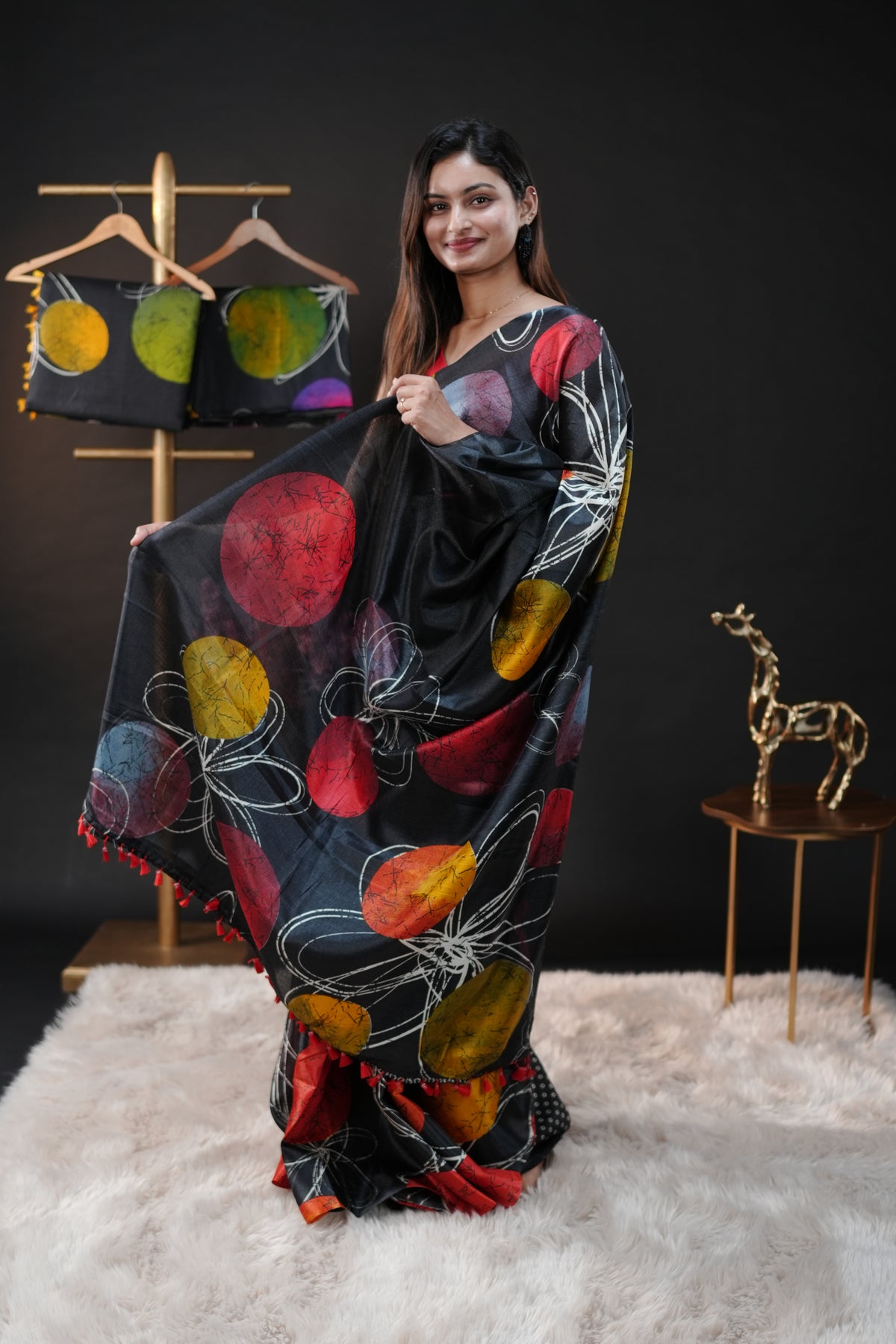 Black with Red Semi Khadi silk saree with Polka Dot design On body & pallu, black with white dot blouse piece.