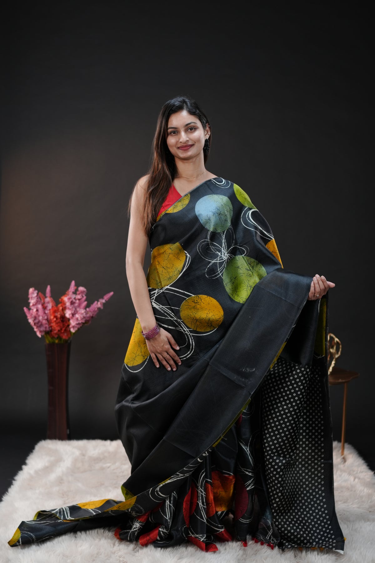 Black with Yellow Semi Khadi silk saree with Polka Dot design On body & pallu, black with white dot blouse piece.