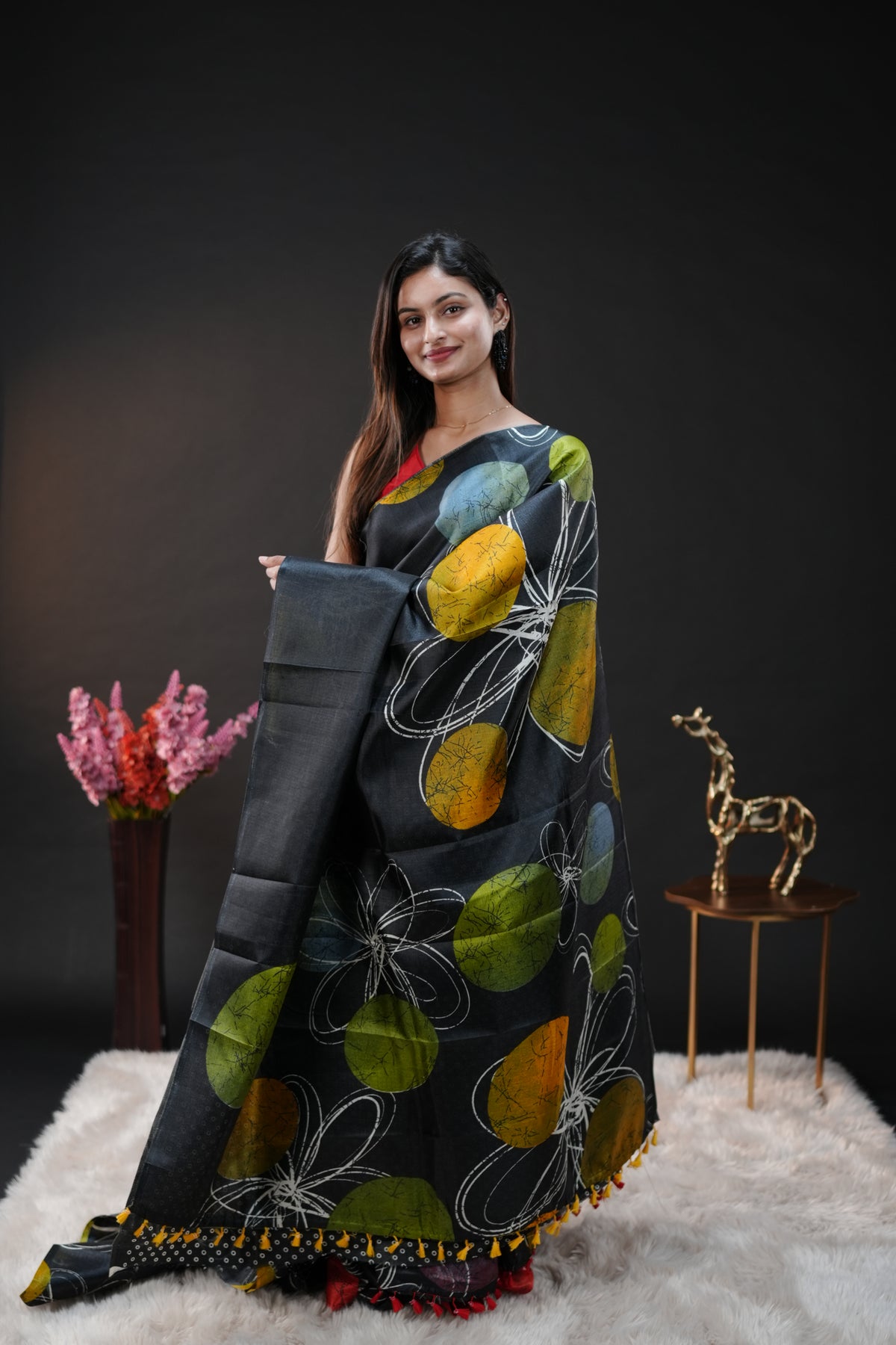 Black with Yellow Semi Khadi silk saree with Polka Dot design On body & pallu, black with white dot blouse piece.