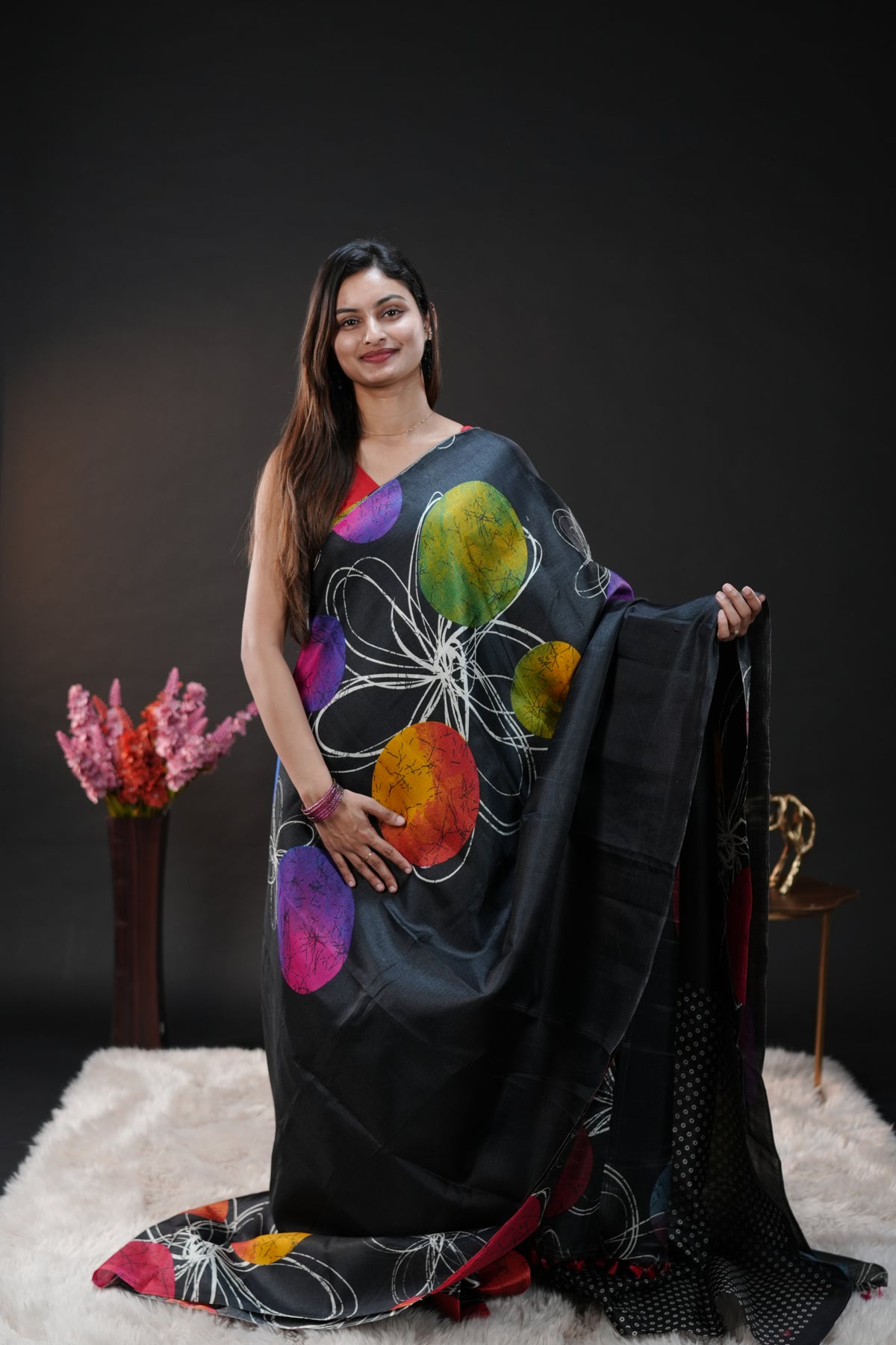Black with Pink Semi Khadi silk saree with Polka Dot design On body & pallu, black with white dot blouse piece.