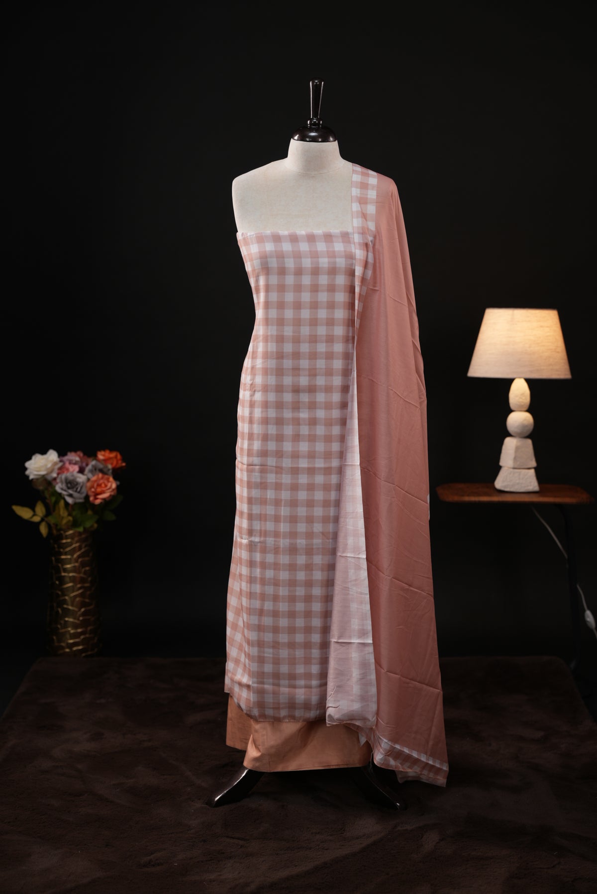 Rust Orange colour checked Mul Chanderi salwar material, paired with a matching bottom and dupatta.
