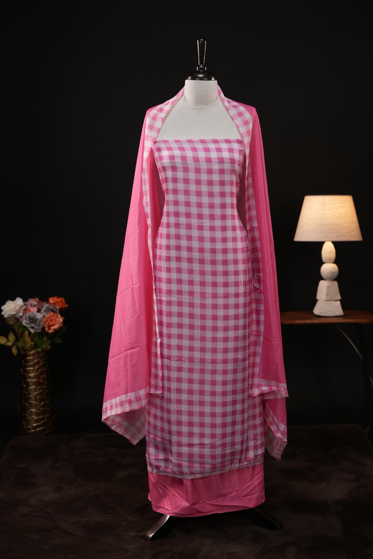 Pink colour checked Mul Chanderi salwar material, paired with a matching bottom and dupatta.