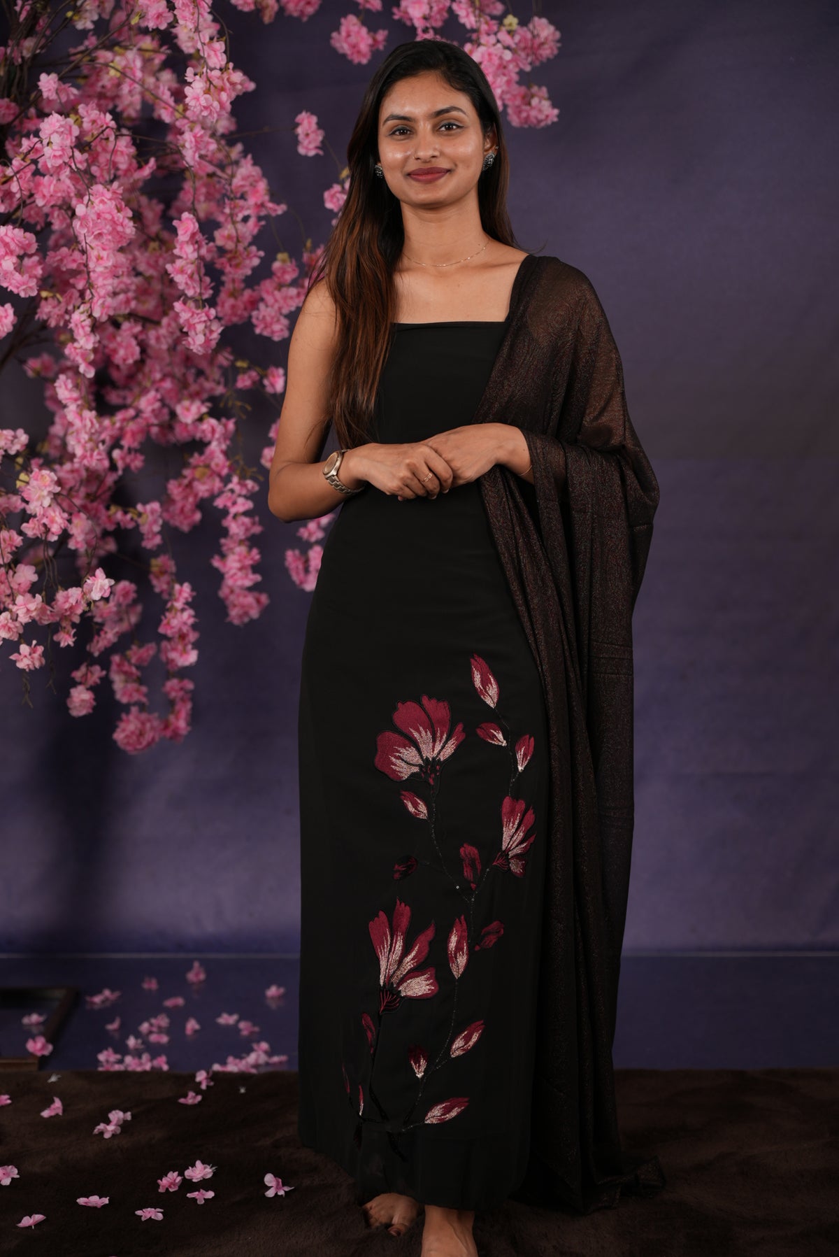 Black colour Georgette Salwar material featuring Beautiful thread with sequent Branch detailing, santoon Material bottom including lining, multi design print same material dupatta.
