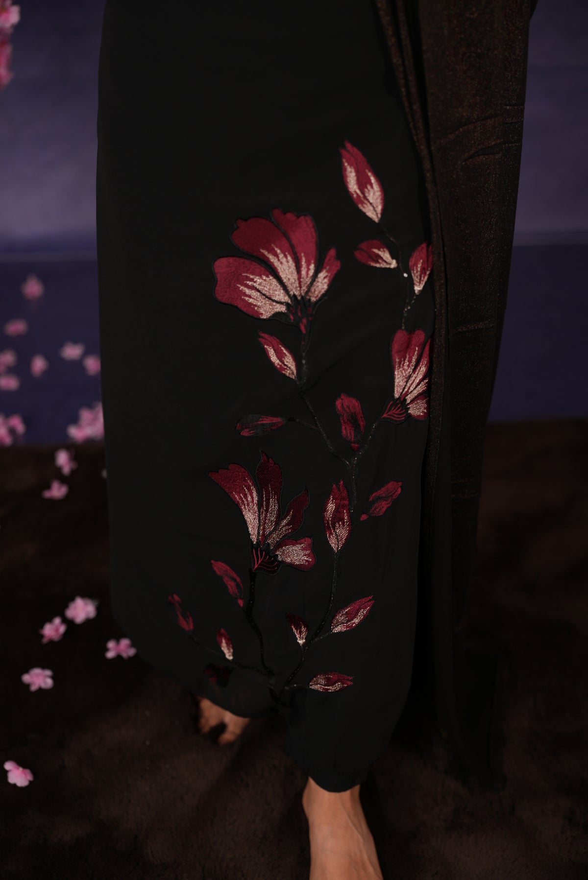 Black colour Georgette Salwar material featuring Beautiful thread with sequent Branch detailing, santoon Material bottom including lining, multi design print same material dupatta.