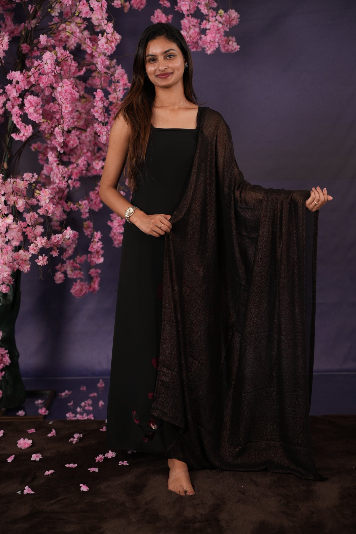Black colour Georgette Salwar material featuring Beautiful thread with sequent Branch detailing, santoon Material bottom including lining, multi design print same material dupatta.