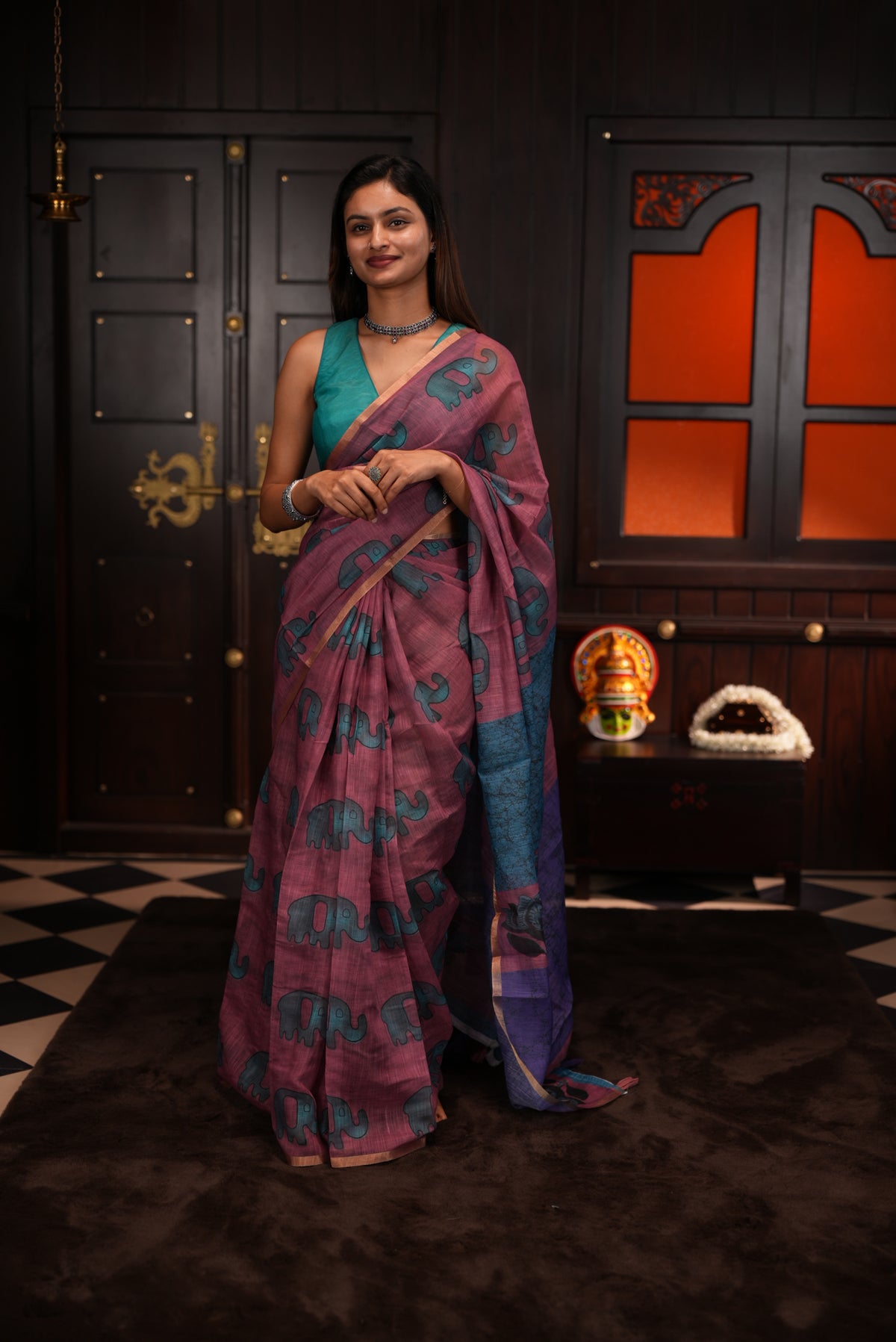 Wine colour Semi linen saree, Elephant print body, bavanchi border, contrast colour blouse.