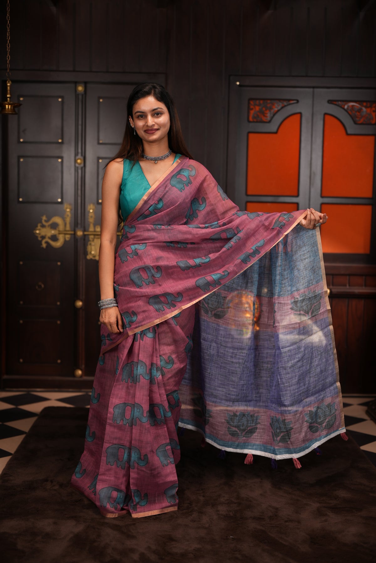 Wine colour Semi linen saree, Elephant print body, bavanchi border, contrast colour blouse.