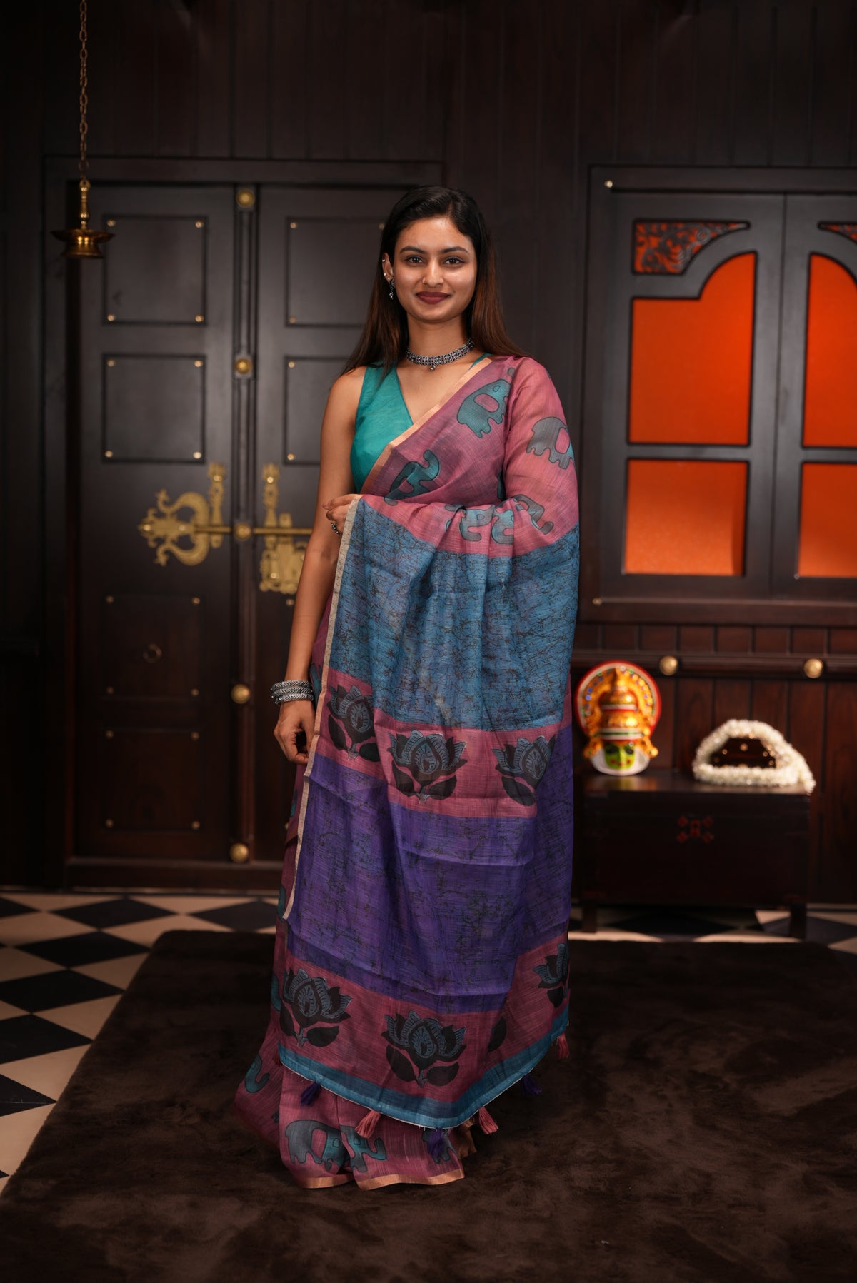 Wine colour Semi linen saree, Elephant print body, bavanchi border, contrast colour blouse.