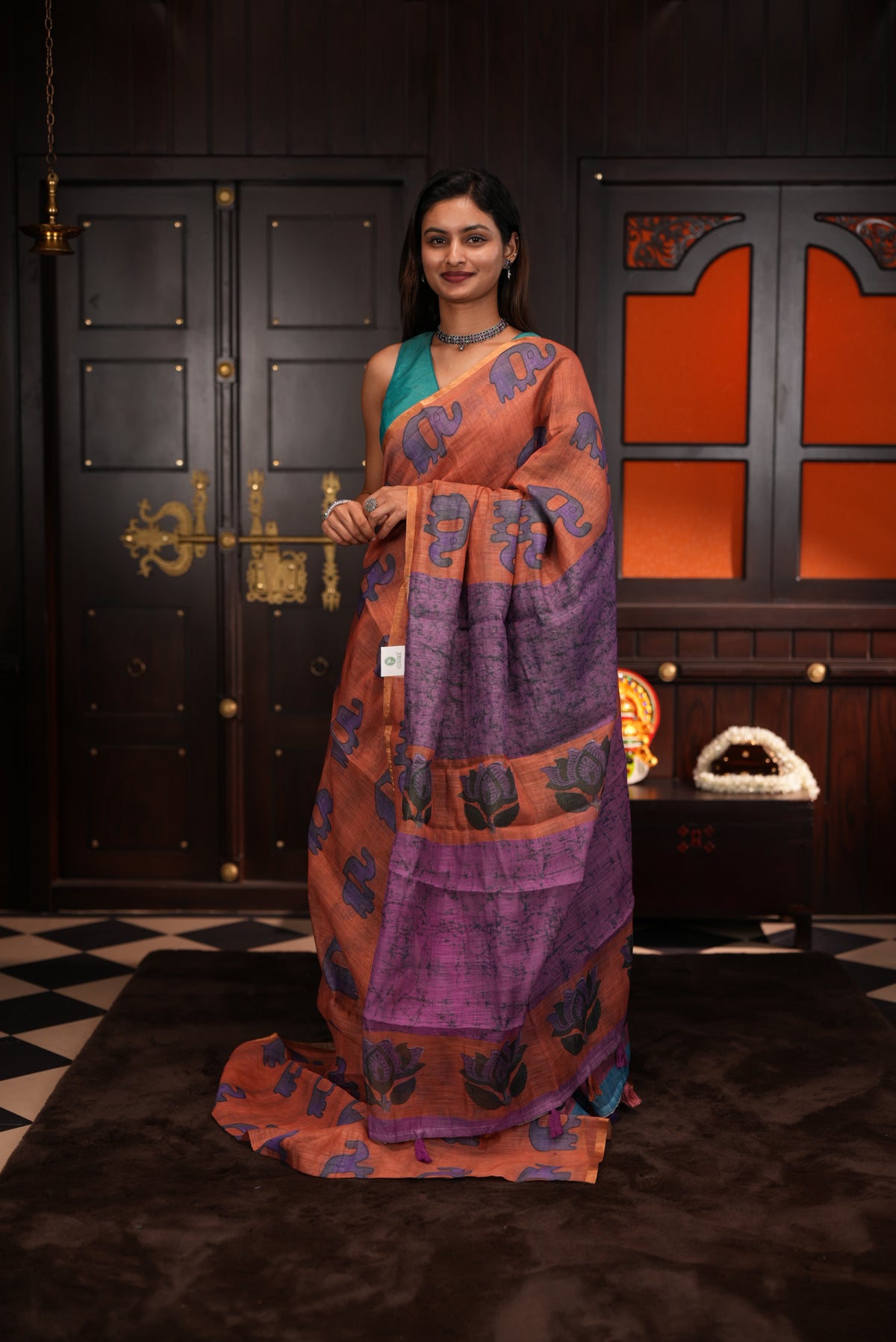 Rust Orange colour Semi linen saree, Elephant print body, bavanchi border, contrast colour blouse.