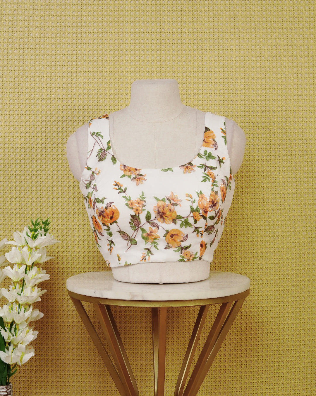 White Floral Print Sleeveless Blouse Featuring A Classic Scoop Neck, Delicate Orange Floral Print, And A Comfortable Tailored Fit.