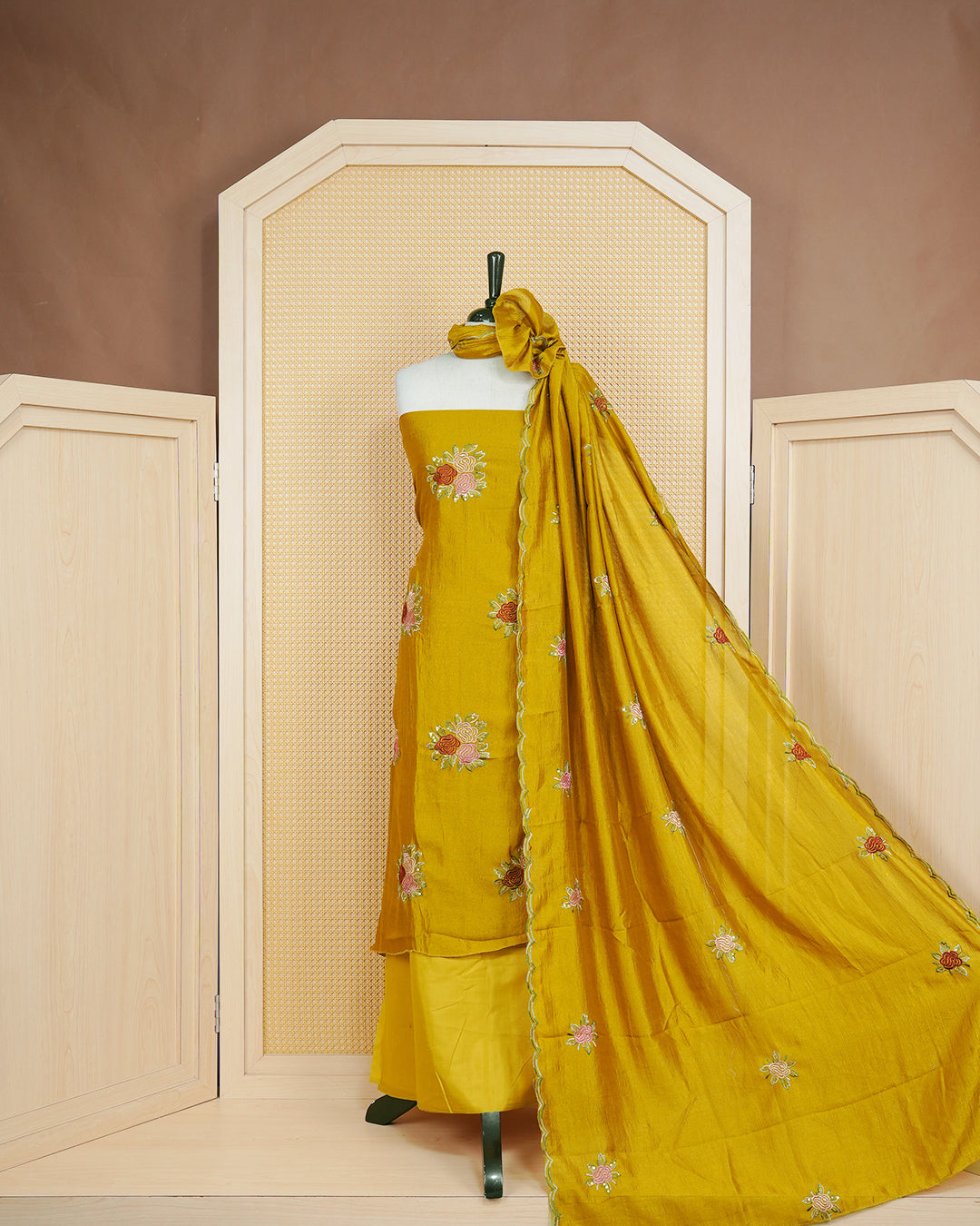 Yellow Amber Colour Orgeza Salwar Material Featuring Thread Work on body, Paired With Matching Bottom & Elegant Dupatta
