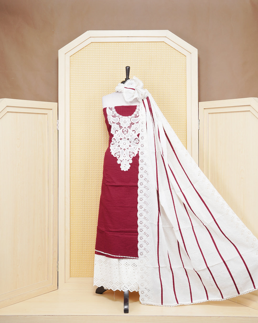 Red Colour Salwar Material Featuring White Thread Work on body, Paired With Matching Bottom & Elegant Dupatta