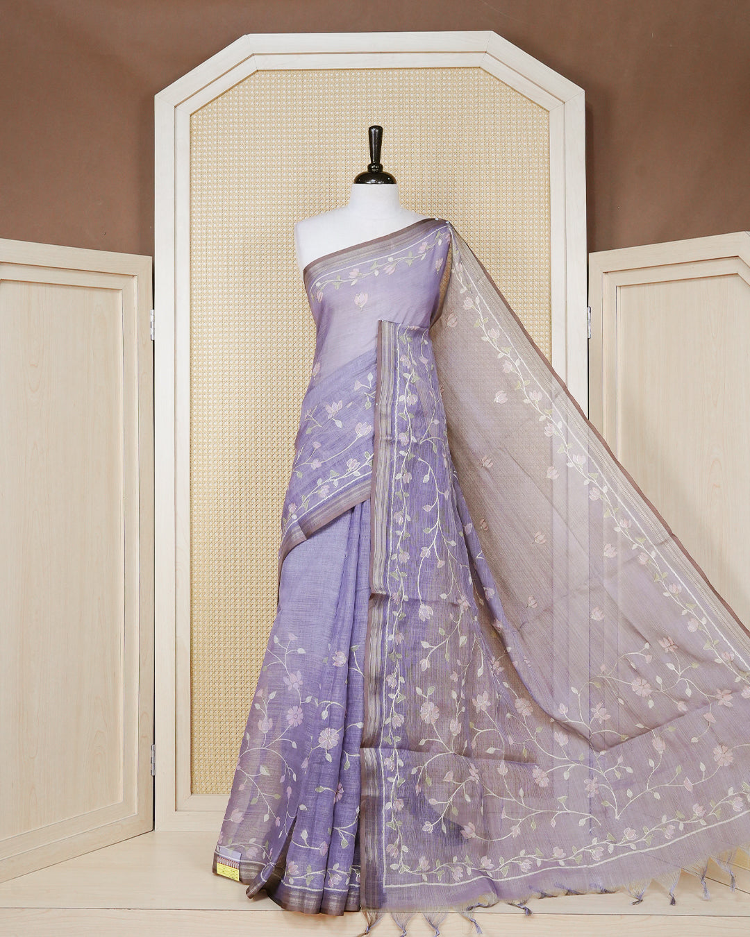 Pastel Lavender colour linen tissue BKU inspired saree.