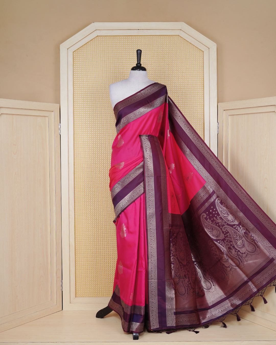 Bright pink colour soft silk saree