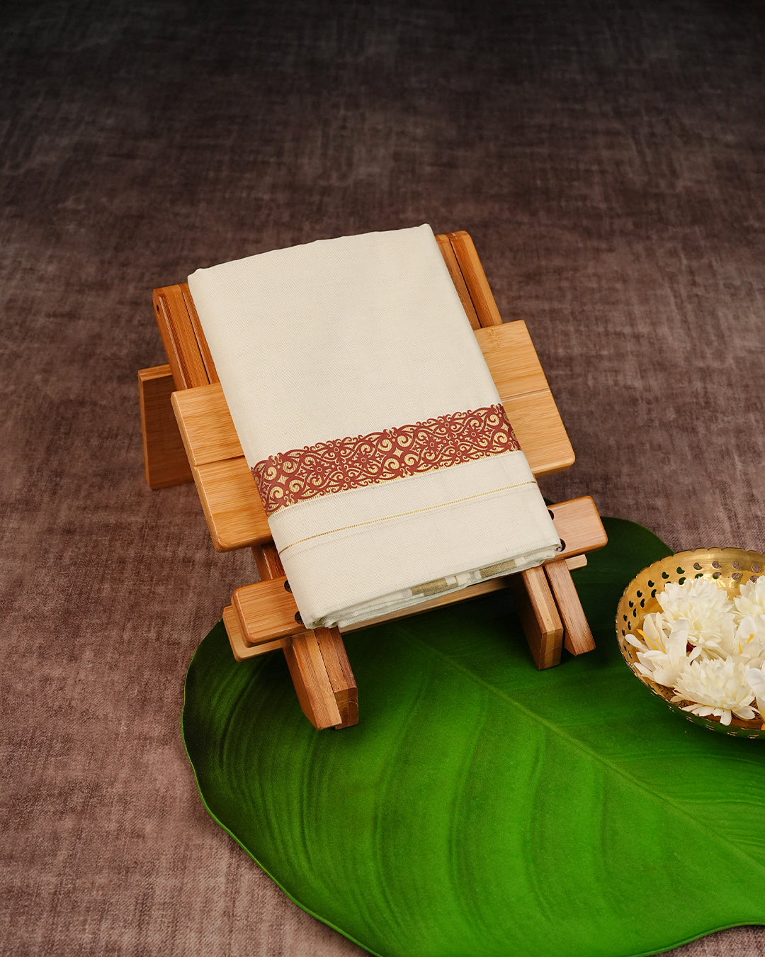 Cream Coloured Cotton Double Dhoti with Maroon Design Print On Gold Kara