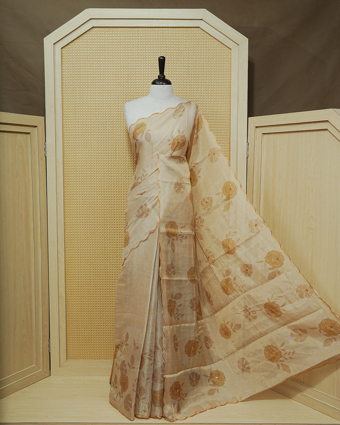 Yellow colour Semi tissue saree featuring elegant Rose print with delicate Mirror Work, beautiful Scallop border.