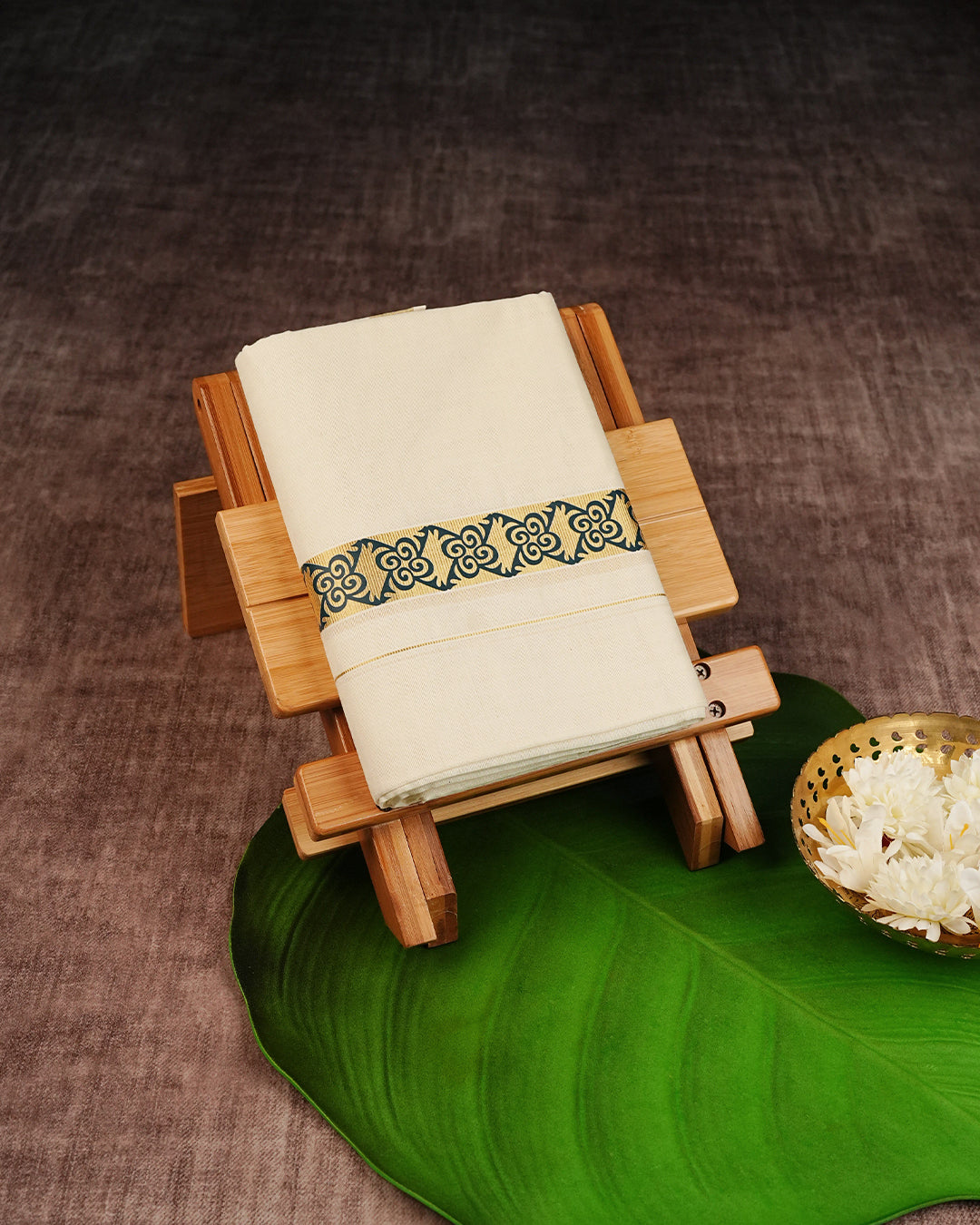 Cream Coloured Cotton Double Dhoti Finished with Green Colour Designed Printed Gold Kara