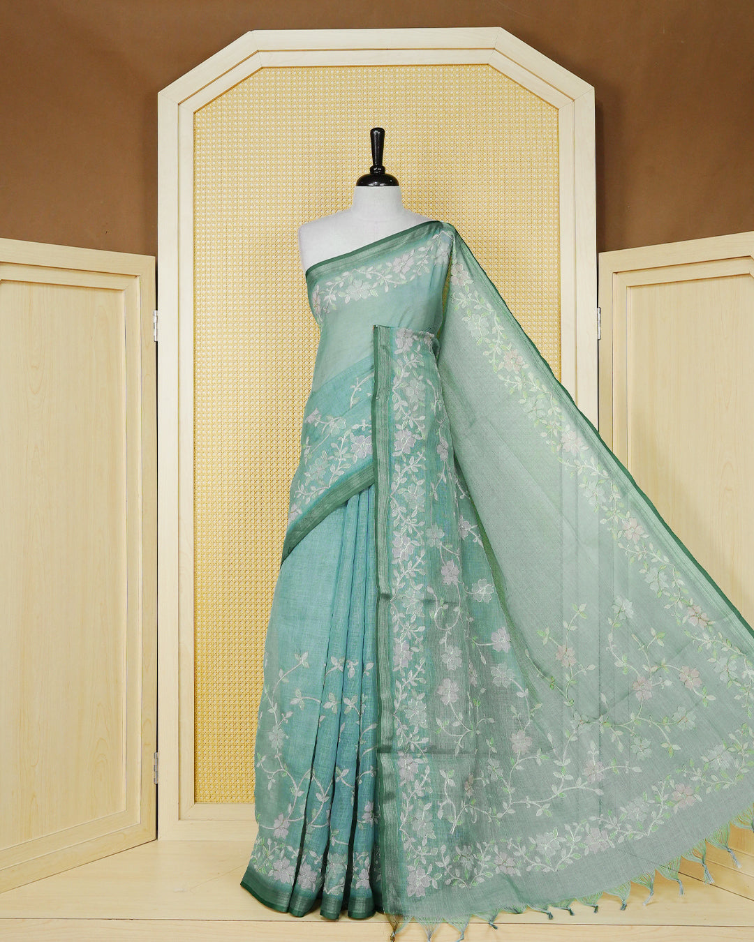 Pastel Teal Green colour linen Tissue BKU inspired Saree.