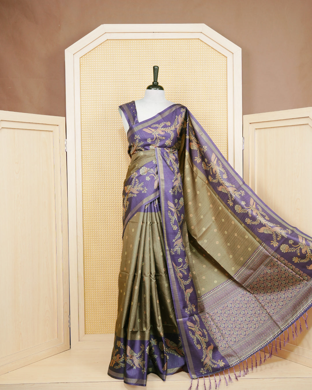 Olive green colour semi linen saree