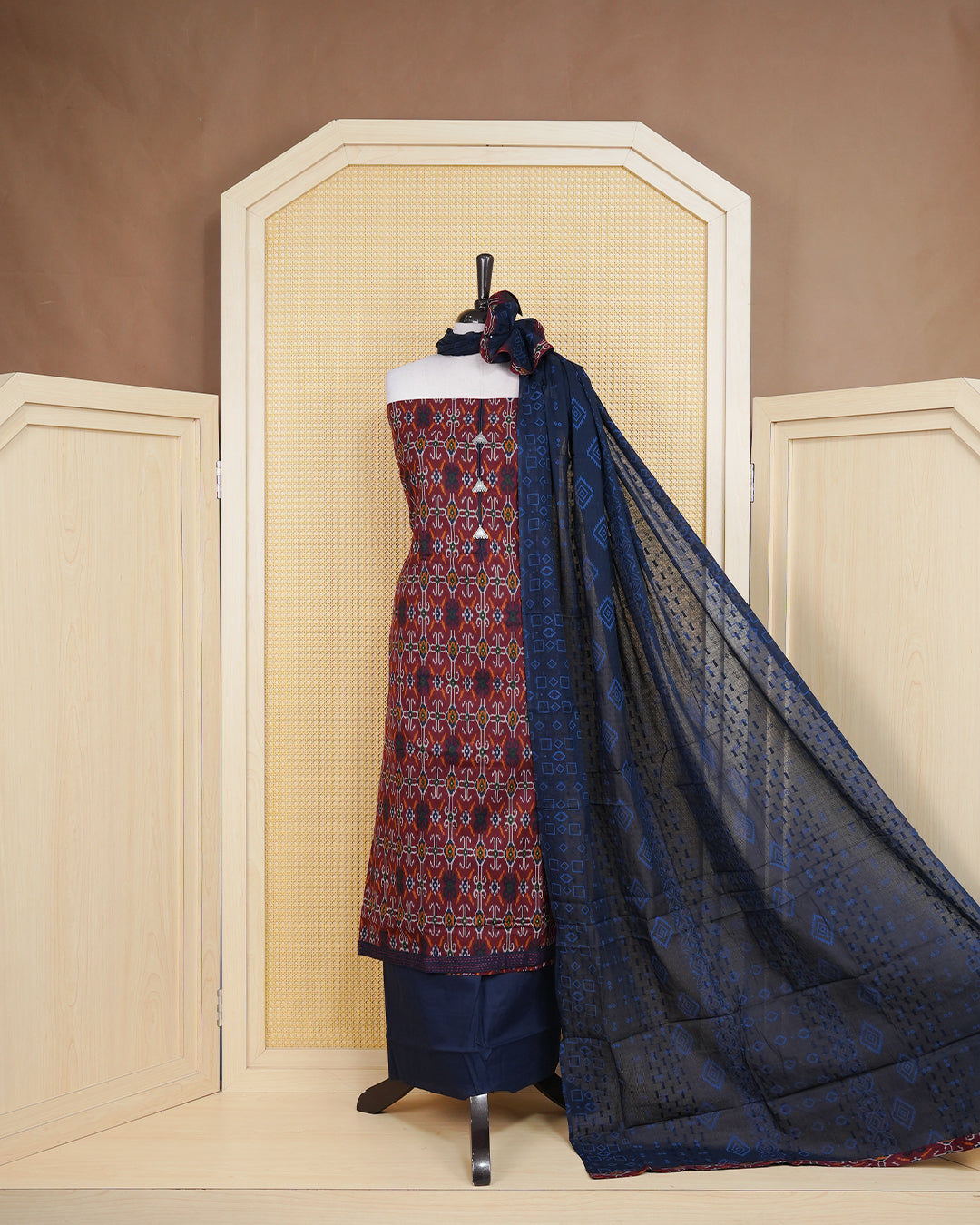 Brown Colour Cotton Salwar Material Featuring Print Pattern on body, Paired With Matching Bottom & Elegant Dupatta