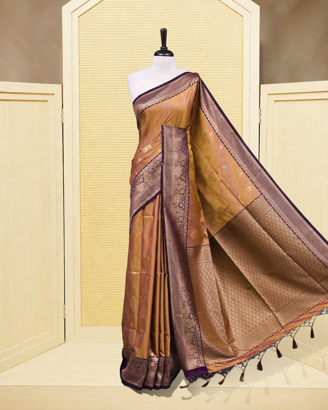 Brownze & gold double shade Mulberry silk saree featuring floral gold zari patterns on body, paired with contrast purple colour with traditional border, comes with matching blouse piece.