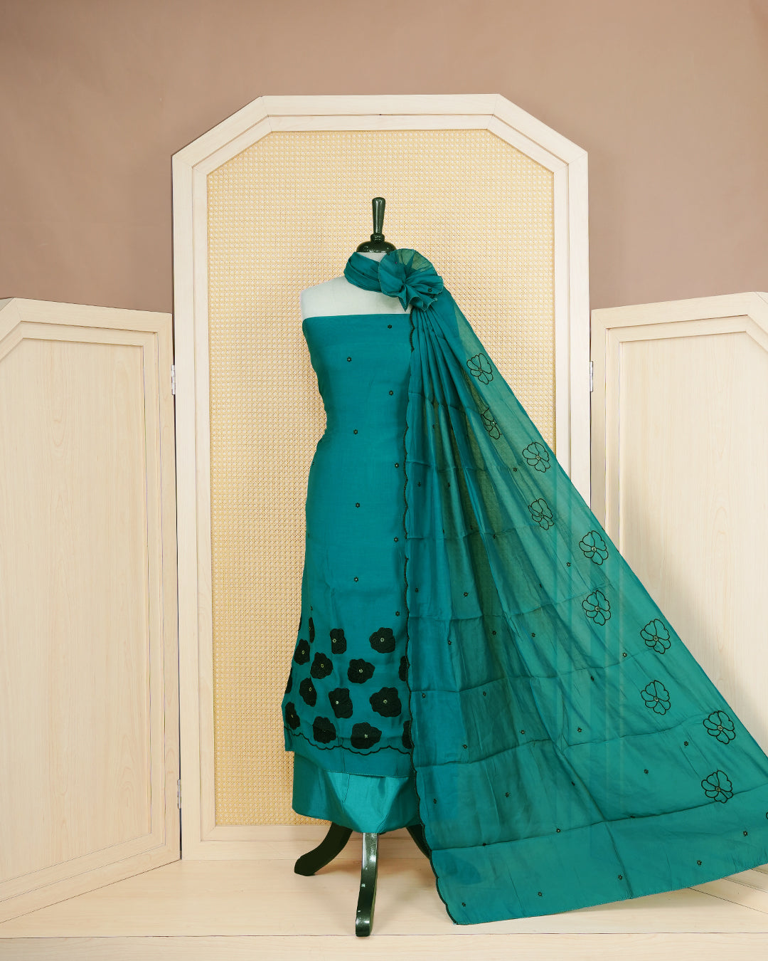 Pine Green colour Salwar Material Featuring Thread Work on body, paired with matching Bottom & Elegant Dupatta.