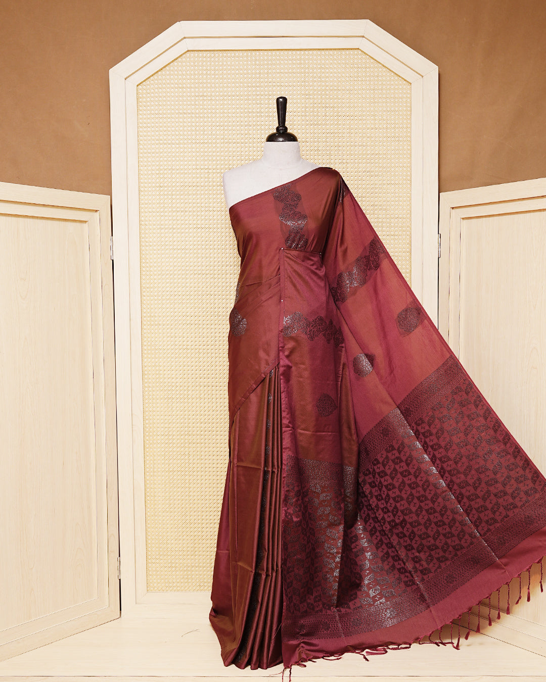 Maroon & green colour double shade soft silk saree