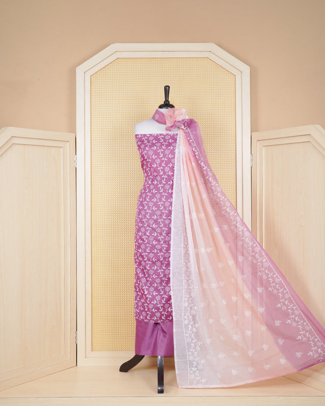 Dark Lavender Colour Net Kota Material Featuring Floral Kota Thread Pattern on Body, Paired with Matching Bottom & Elegant Dupatta