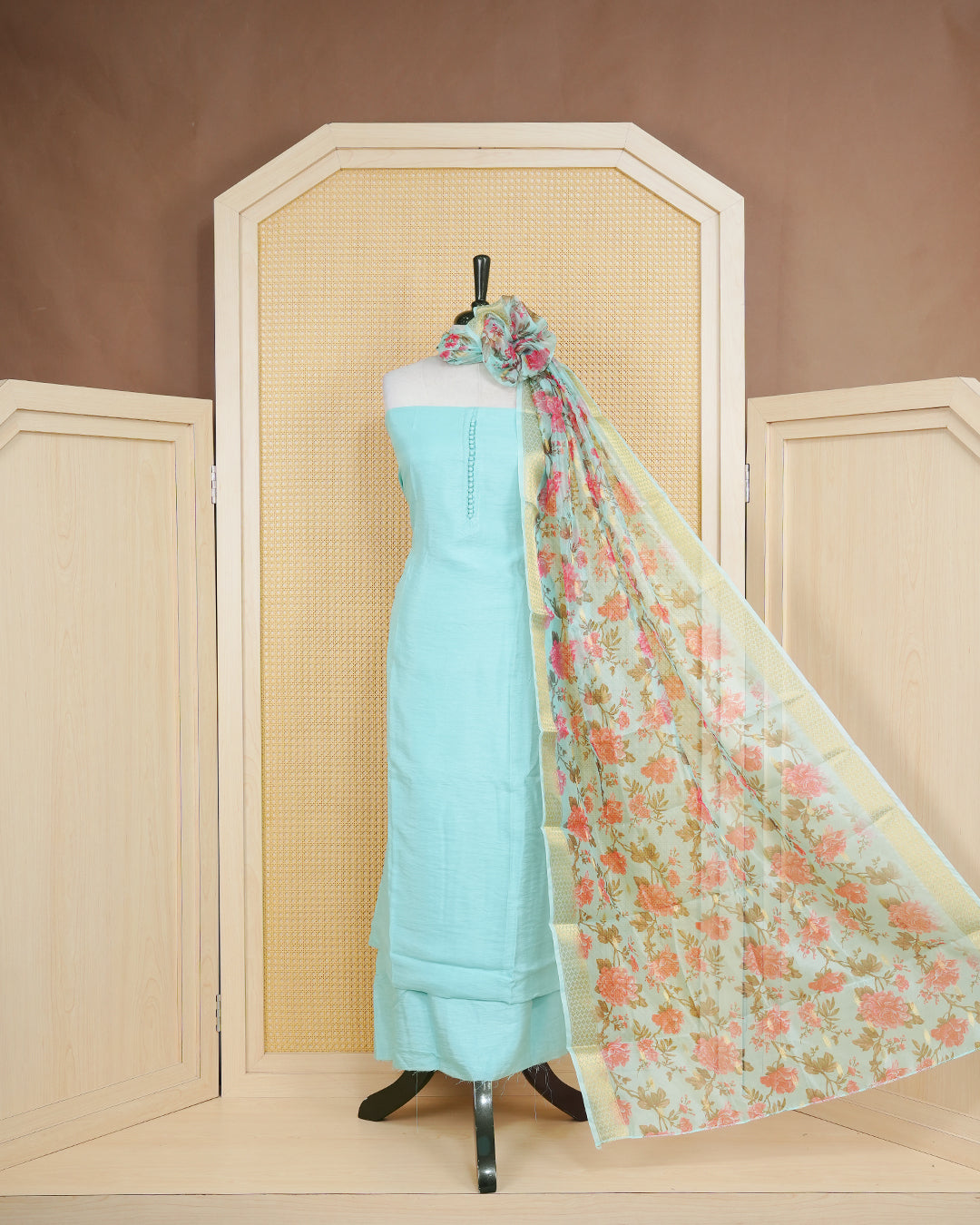 Sky blue Colour Organza Salwar Material Featuring Plain Body, Paired With Matching Bottom & Elegant Dupatta.