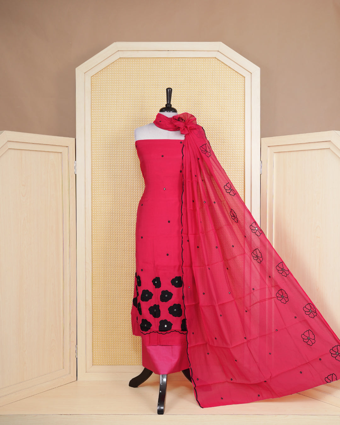 Rusty Red colour Salwar Material Featuring Thread Work on body, paired with matching Bottom & Elegant Dupatta.