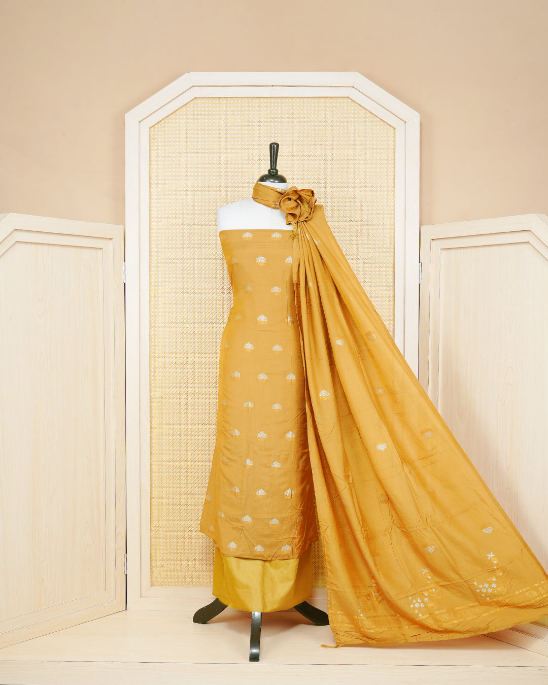 Dark yellow colour Banares Salwar material Featuring Gold and Silver zari floral motifs on body, paired with matching bottom & Elegant Dupatta