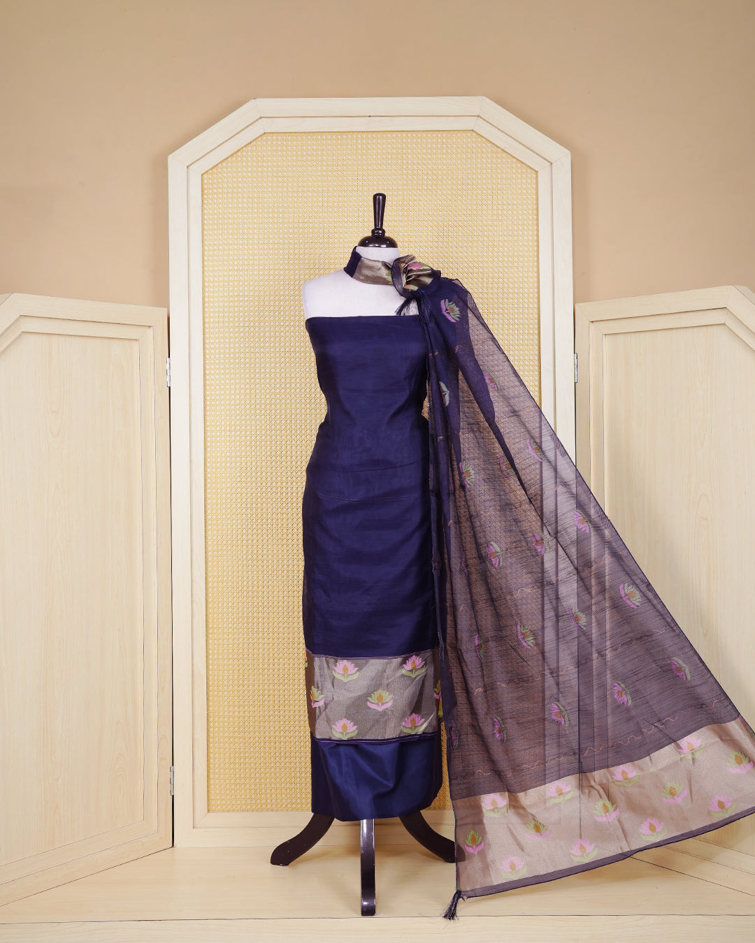 Navy Blue and Gold Colour Semi Linen Material Featuring Floral Thread Pattern Plain Body, Paired with Matching Bottom & Elegant Dupatta