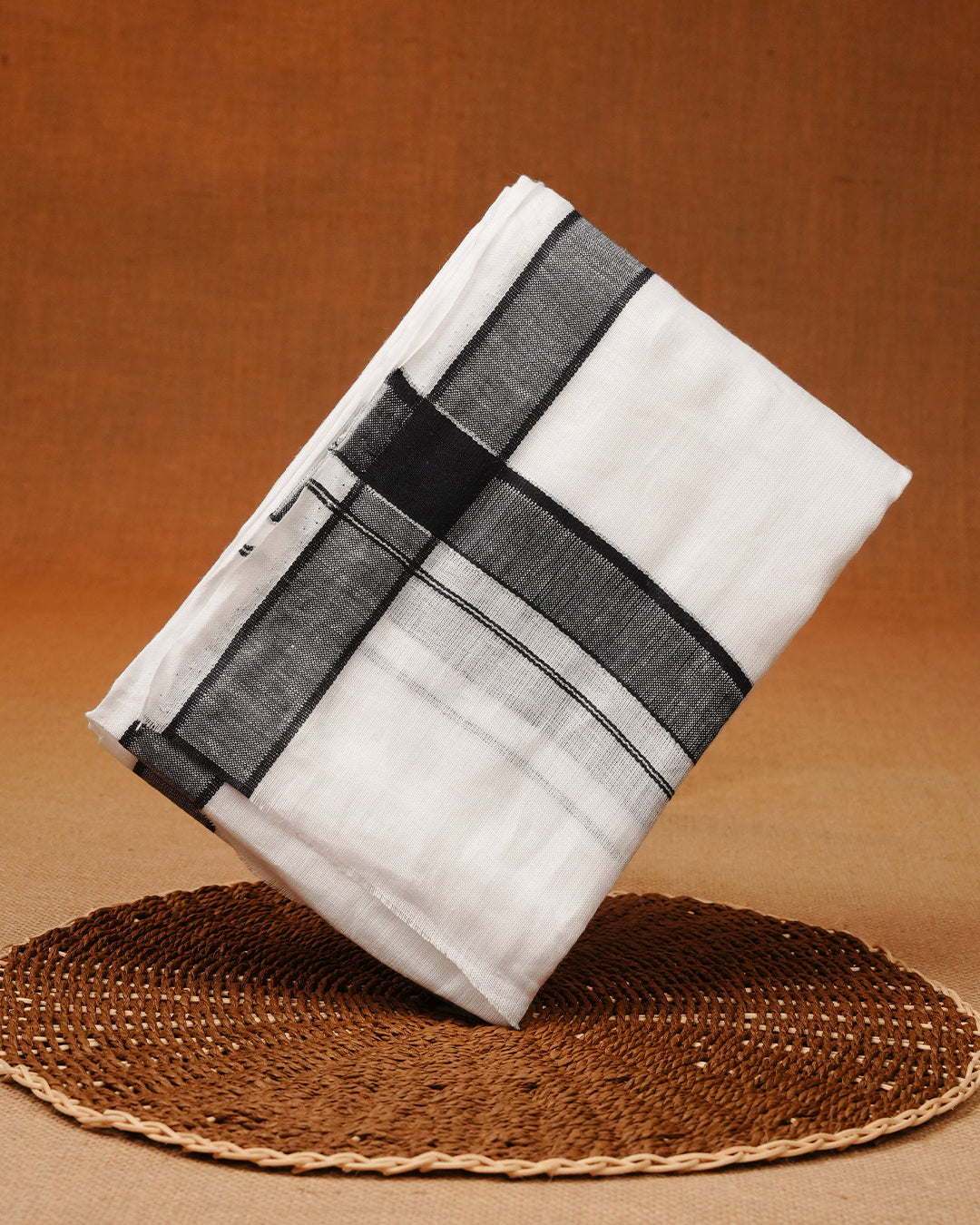 White colour Pure linen Double dhoti featuring Black colour border.
