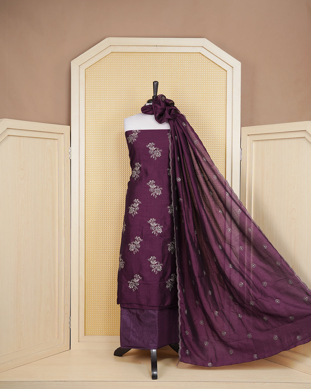 Violet colour Organza Salwar Material Featuring Gold Thread Mirorr Work on body, paired with matching Bottom & Elegant Dupatta.