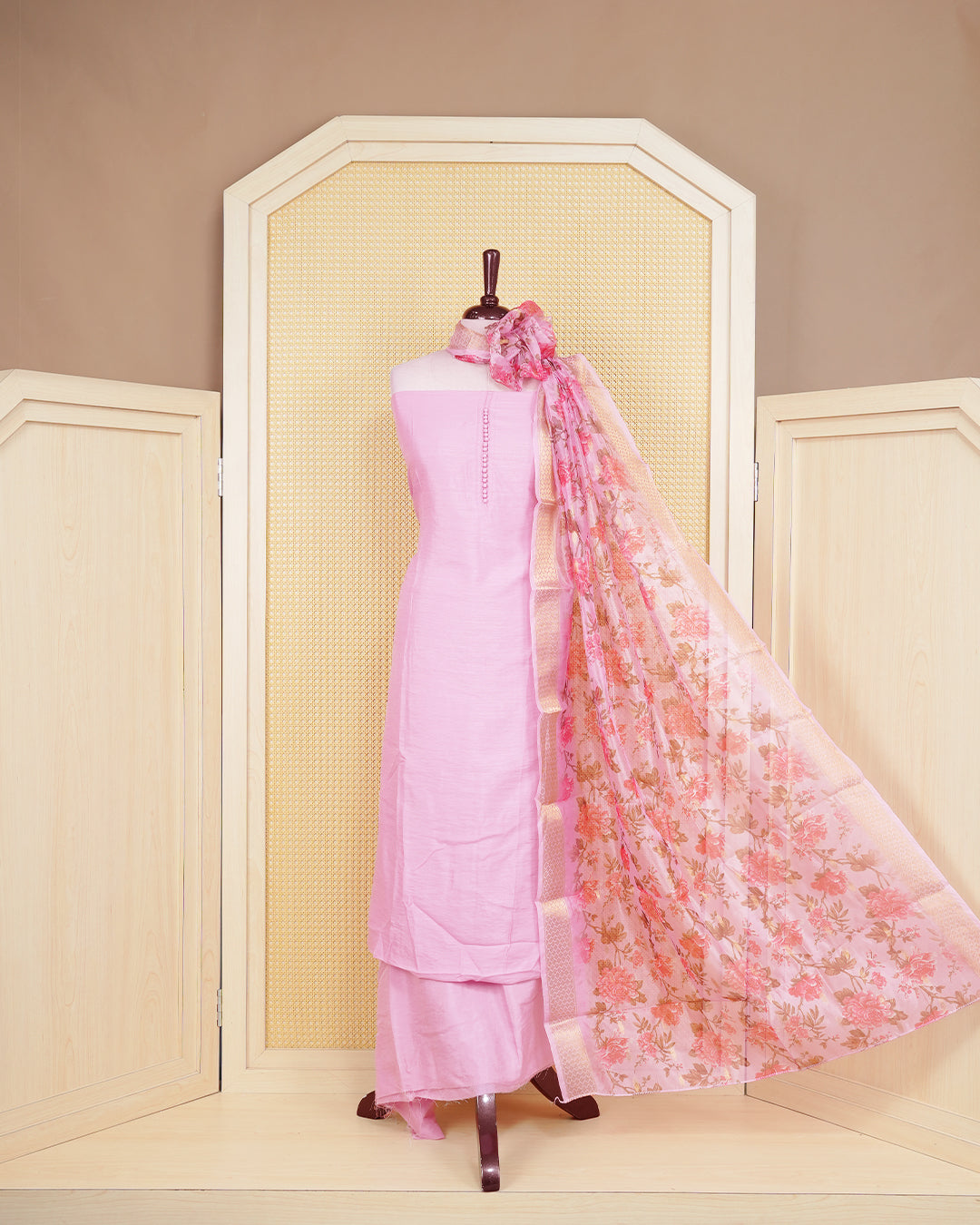 Pink Colour Organza Salwar Material Featuring Plain Body, Paired With Matching Bottom & Elegant Dupatta.