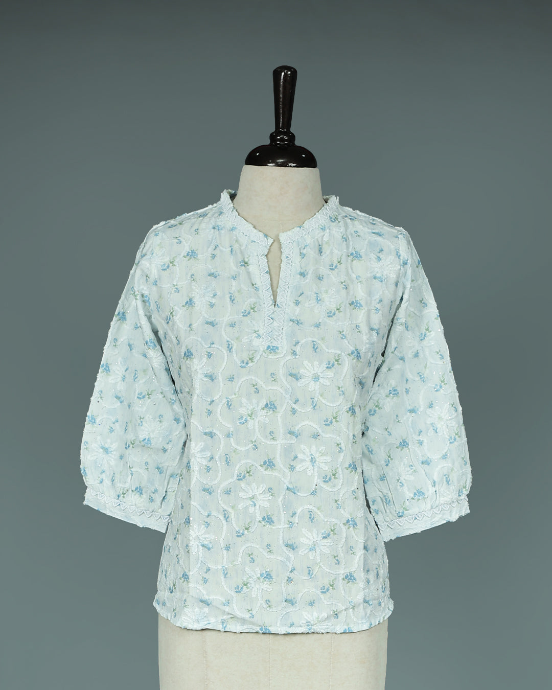 Light Blue colour Thread work on body, Round with Slit neck design, With sleeve.