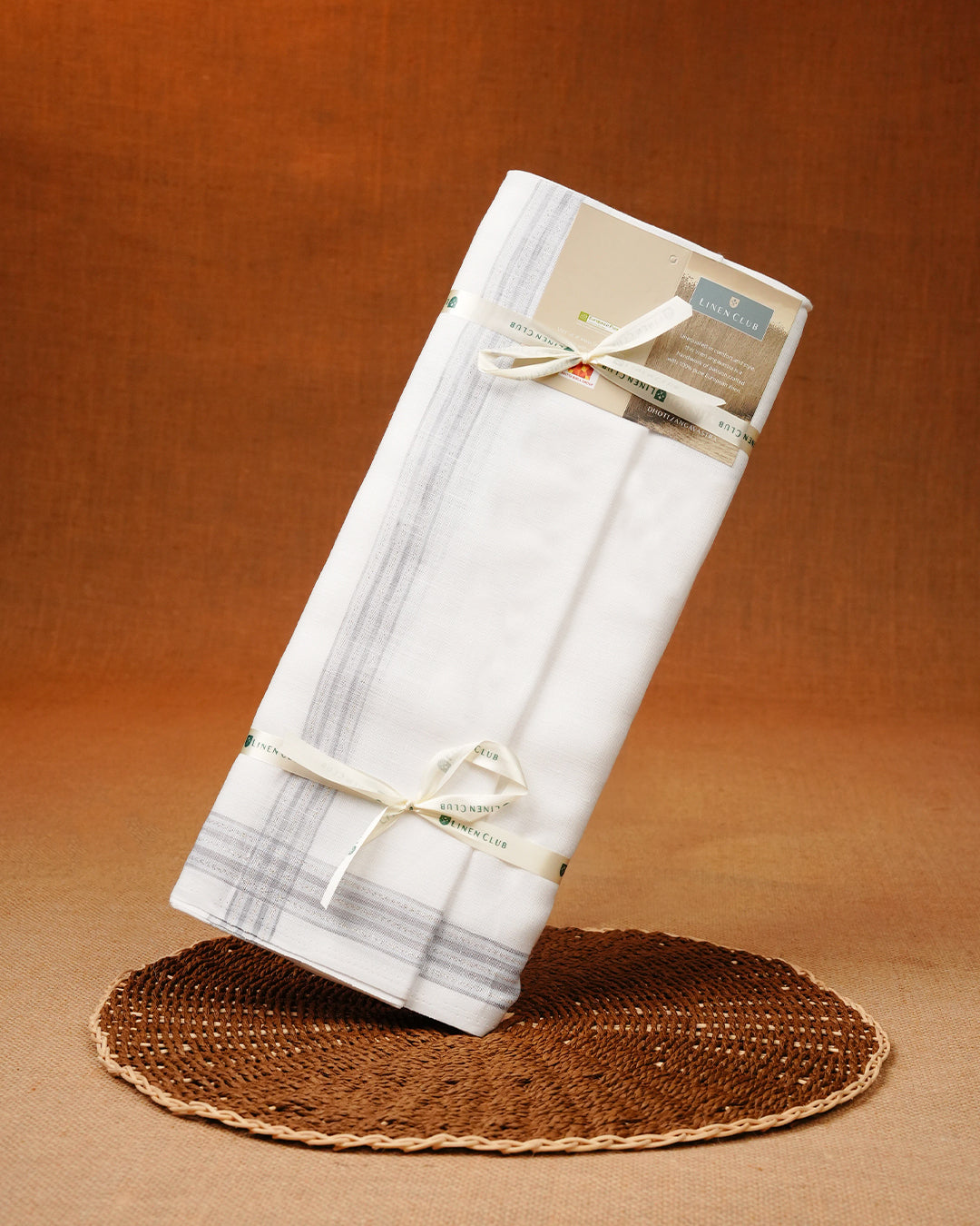 White colour Pure Linen Double dhoti With Light gold & Grey zari border.