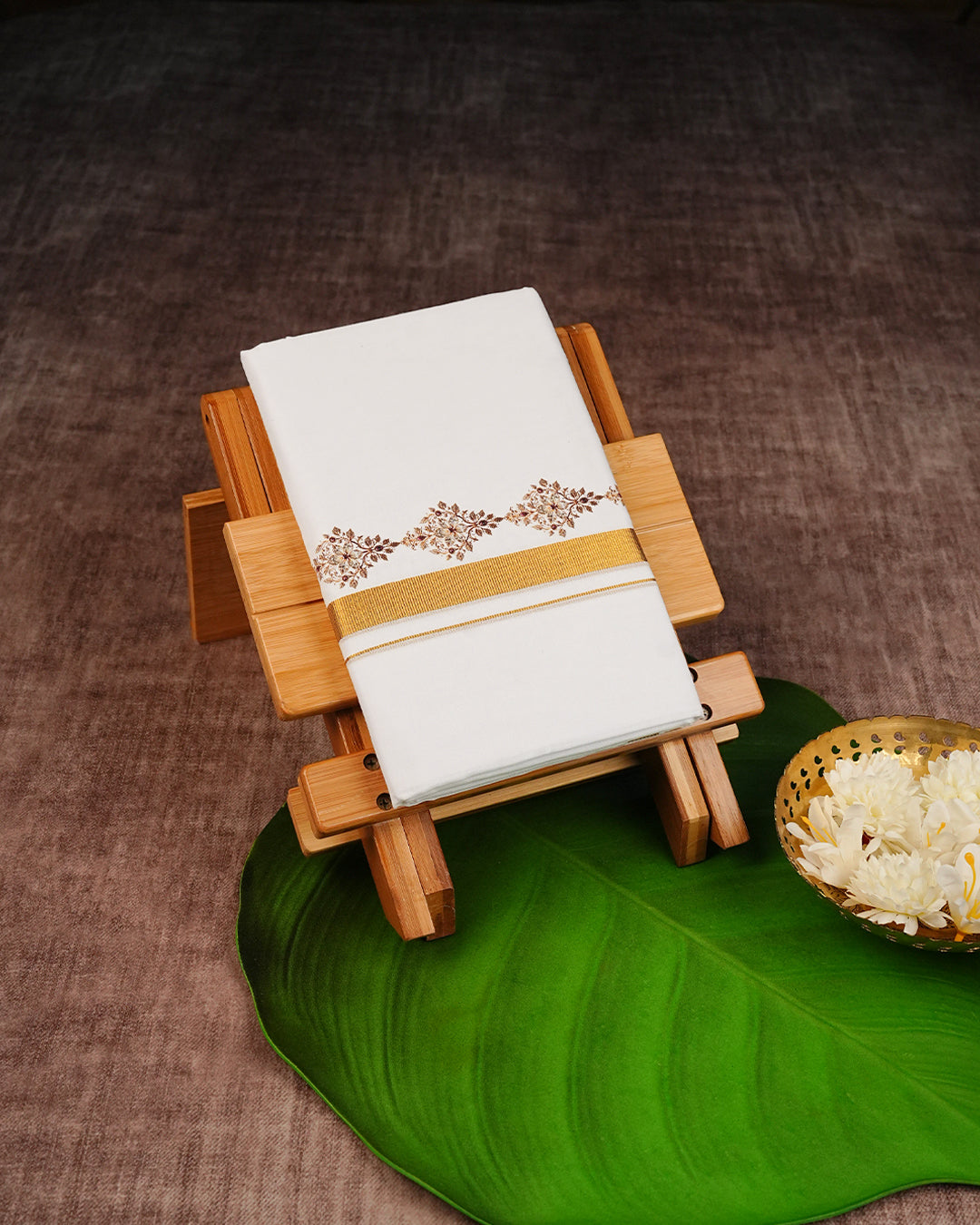 Off White Coloured Cotton Double Dhoti Finished with Floral Prints & Gold Kara